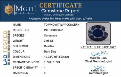 Blue Sapphire - 2.98 Carats (Neelam - 3.25 Ratti)