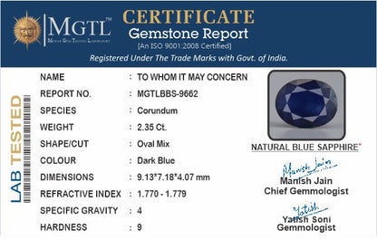 Blue Sapphire - 2.35 Carats (Neelam - 2.56 Ratti)