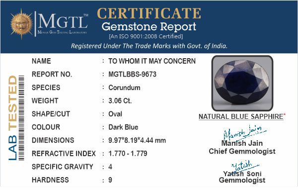 Blue Sapphire - 3.06 Carats (Neelam - 3.34 Ratti)