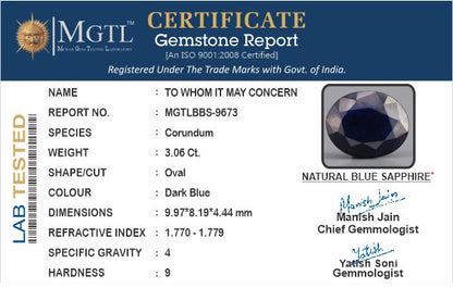 Blue Sapphire - 3.06 Carats (Neelam - 3.34 Ratti)