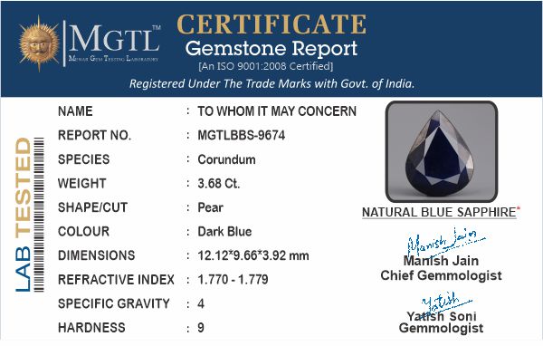 Blue Sapphire - 3.68 Carats (Neelam - 4.01 Ratti)