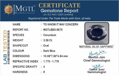 Blue Sapphire - 3.58 Carats (Neelam - 3.90 Ratti)