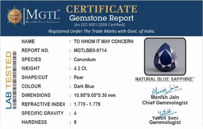 Blue Sapphire - 4.20 Carats (Neelam - 4.58 Ratti)