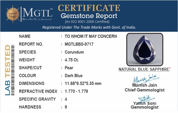 Blue Sapphire (Neelam) - 4.73 Carats