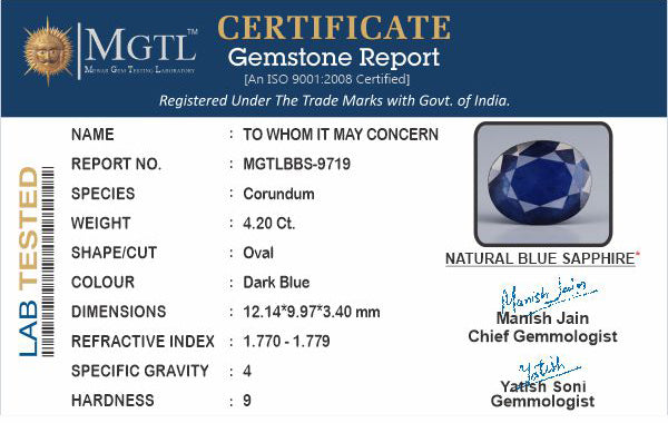 Blue Sapphire - 4.20 Carats (Neelam - 4.58 Ratti)