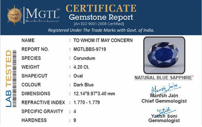 Blue Sapphire - 4.20 Carats (Neelam - 4.58 Ratti)