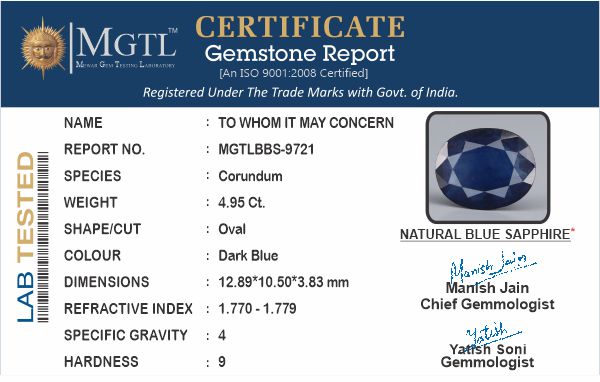 Blue Sapphire (Neelam) - 4.93 Carats
