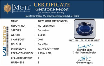 Blue Sapphire - 4.92 Carats (Neelam - 5.36 Ratti)