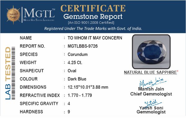 Blue Sapphire - 4.25 Carats (Neelam - 4.63 Ratti)