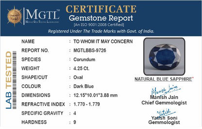 Blue Sapphire - 4.25 Carats (Neelam - 4.63 Ratti)