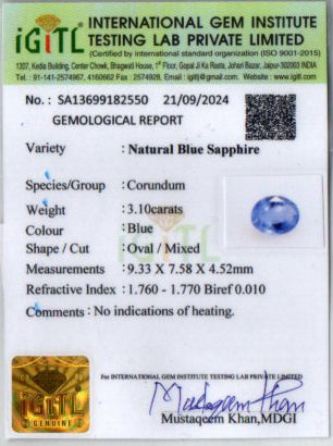 Blue Sapphire - 3.10 Carats (Neelam - 3.38 Ratti)