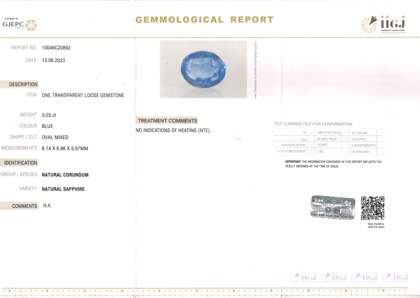 Blue Sapphire - 3.03 Carats (Neelam - 3.30 Ratti)