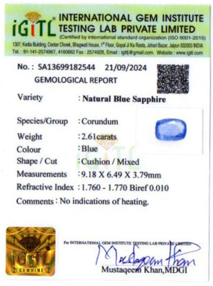 Blue Sapphire - 2.61 Carats (Neelam - 2.84 Ratti)