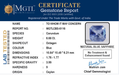 Blue Sapphire - 6.68 Carats (Neelam - 7.28 Ratti)