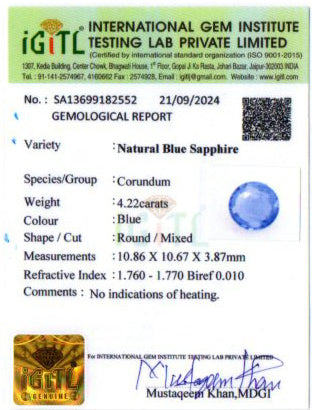 Blue Sapphire - 4.22 Carats (Neelam - 4.60 Ratti)