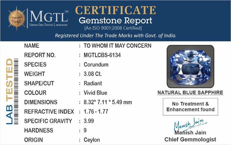 Blue Sapphire - 3.08 Carats (Neelam - 3.36 Ratti)