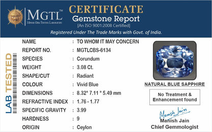 Blue Sapphire - 3.08 Carats (Neelam - 3.36 Ratti)
