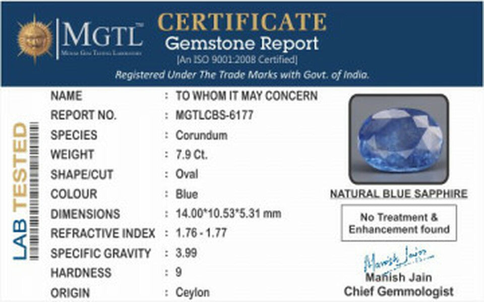 Blue Sapphire - 7.9 Carats (Neelam - 8.61 Ratti)