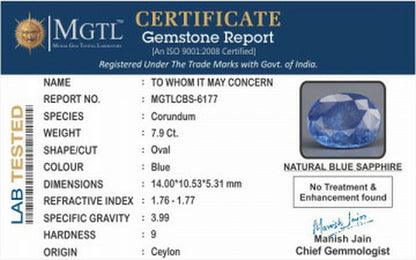 Blue Sapphire - 7.9 Carats (Neelam - 8.61 Ratti)