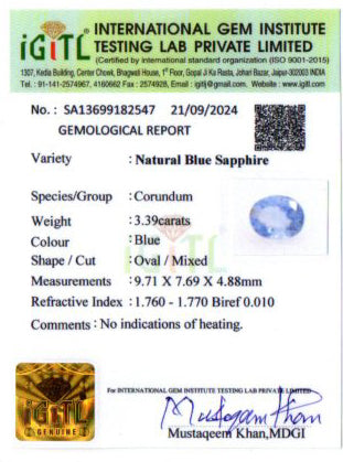 Blue Sapphire (Neelam) - 3.39 Carats
