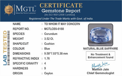 Blue Sapphire - 3.52 Carats (Neelam - 3.84 Ratti)