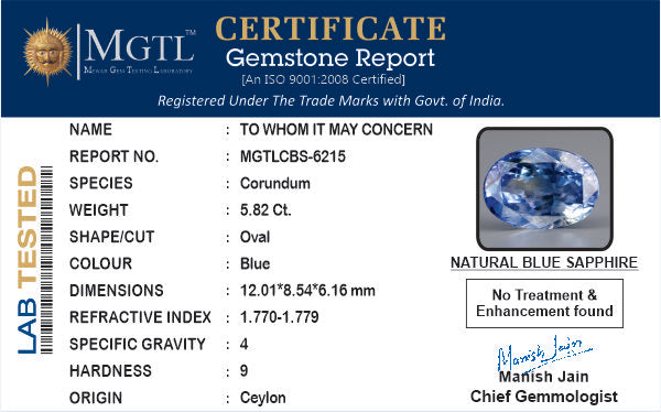 Blue Sapphire - 5.82 Carats (Neelam - 6.34 Ratti)