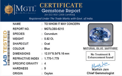 Blue Sapphire - 5.82 Carats (Neelam - 6.34 Ratti)