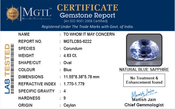Blue Sapphire - 4.63 Carats (Neelam - 5.05 Ratti)