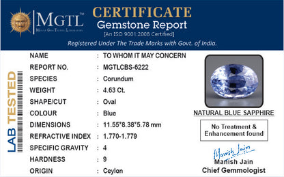 Blue Sapphire - 4.63 Carats (Neelam - 5.05 Ratti)