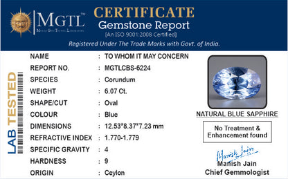 Blue Sapphire - 6.07 Carats (Neelam - 6.62 Ratti)