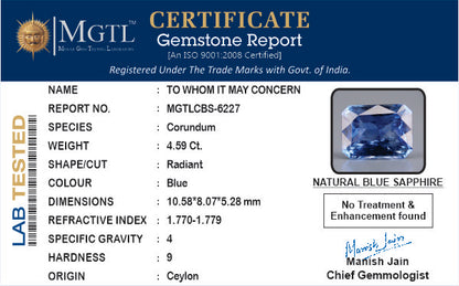 4.59 Carats Octagon Blue Sapphire