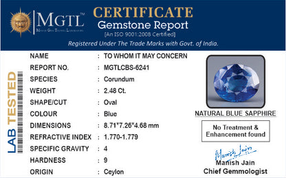 Blue Sapphire - 2.48 Carats (Neelam - 2.70 Ratti)