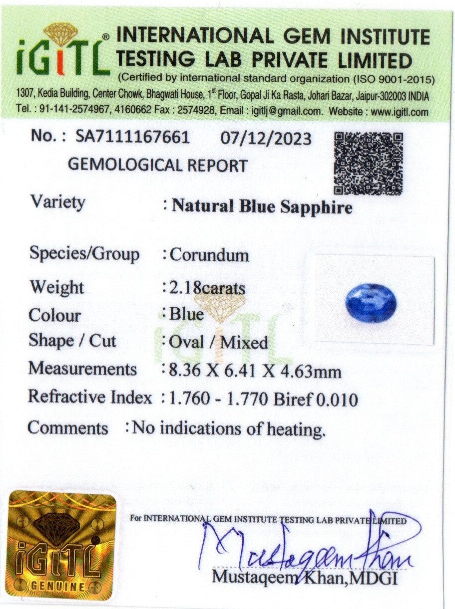 Blue Sapphire - 2.18 Carats (Neelam - 2.38 Ratti)