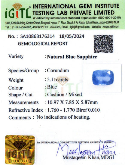 Blue Sapphire - 5.11 Carats (Neelam - 5.57 Ratti)