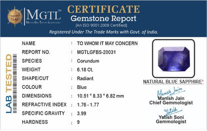 Blue Sapphire - 6.18 Carats (Neelam - 6.74 Ratti)