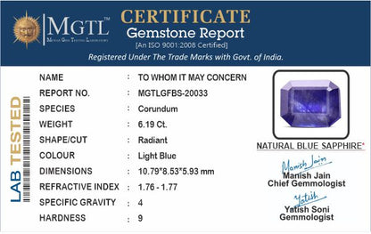 Blue Sapphire - 6.19 Carats (Neelam - 6.75 Ratti)