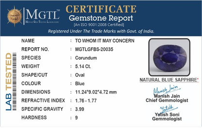 Blue Sapphire - 5.14 Carats (Neelam - 5.60 Ratti)