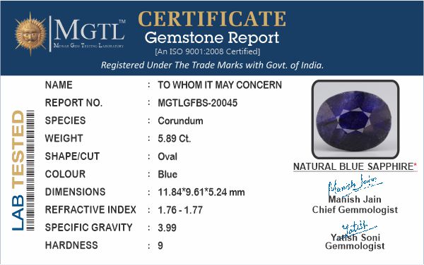 Blue Sapphire (Neelam) - 5.89 Carats
