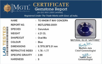 Blue Sapphire - 4.21 Carats (Neelam - 4.59 Ratti)