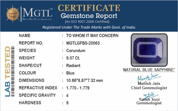 Blue Sapphire - 9.07 Carats (Neelam - 9.89 Ratti)