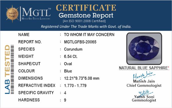 Blue Sapphire - 6.54 Carats (Neelam - 7.13 Ratti)
