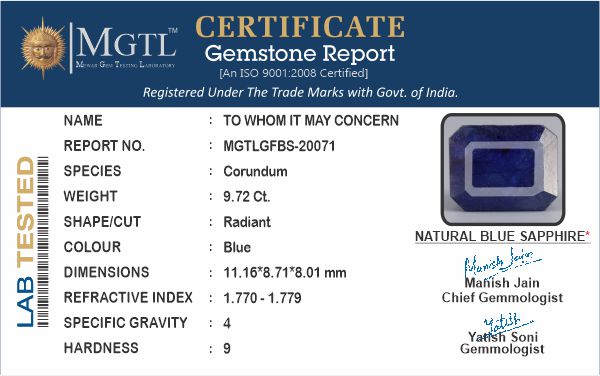 Blue Sapphire - 9.72 Carats (Neelam - 10.59 Ratti)