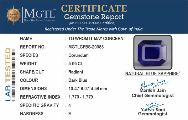 Blue Sapphire - 5.66 Carats (Neelam - 6.17 Ratti)