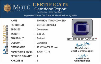 Blue Sapphire - 5.66 Carats (Neelam - 6.17 Ratti)