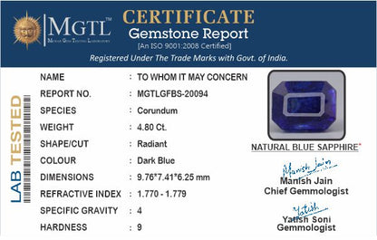 Blue Sapphire - 4.80 Carats (Neelam - 5.23 Ratti)
