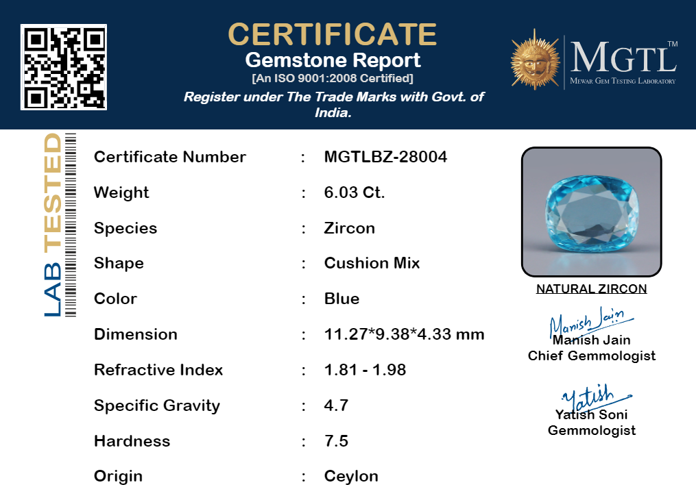 Blue Zircon - 6.03 Carats