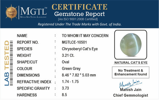 Cat's Eye - 3.21 Carats (Lahsuniya - 3.50 Ratti)