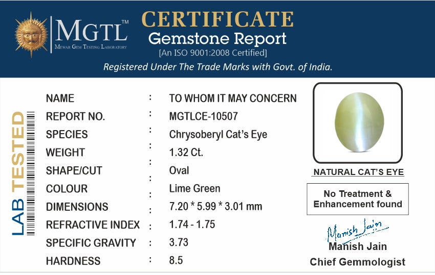 Cat's Eye - 1.32 Carats (Lahsuniya - 1.44 Ratti)