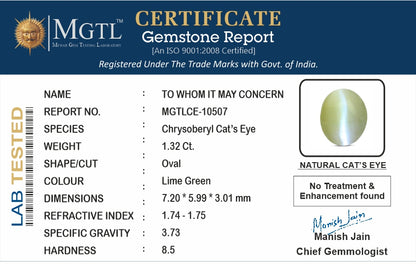 Cat's Eye - 1.32 Carats (Lahsuniya - 1.44 Ratti)