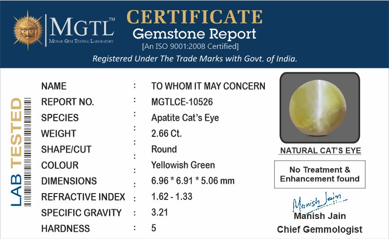 Cat's Eye - 2.66 Carats (Lahsuniya - 2.90 Ratti)